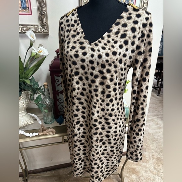 MICHAEL KORS Leopard Print V-Neck Long Sleeve Tunic/ Cocktail Mini Dress SZ M - Picture 3 of 8